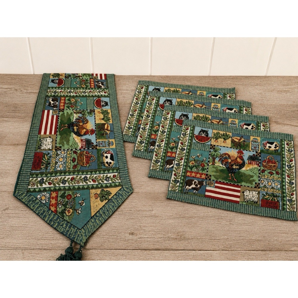 Hen Rooster Placemats Set Of 4 Woven Tapestry  & Large Table Runner 12" x 70"